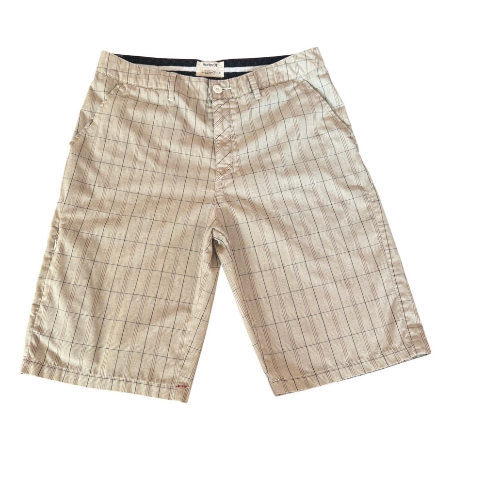 Hurley Mens Plaid Shorts Beige Chino Flat Front Casual Summer Size 32‎